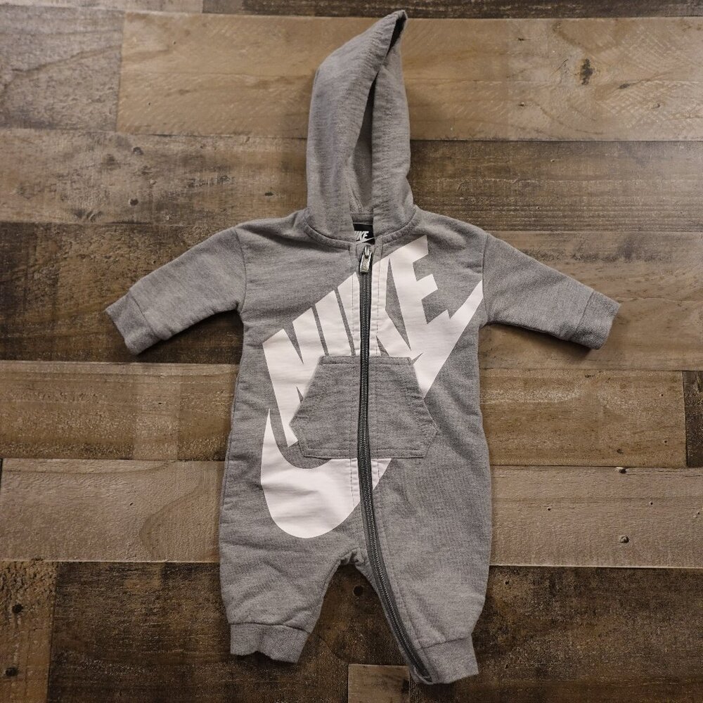 Nike Hooded Zip Romper Baby 3M Gray Logo Graphic Fleece Outfit